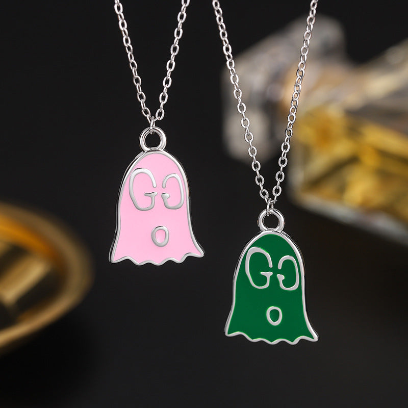 Enamel Little Ghost Pendant Silver Necklace for Women