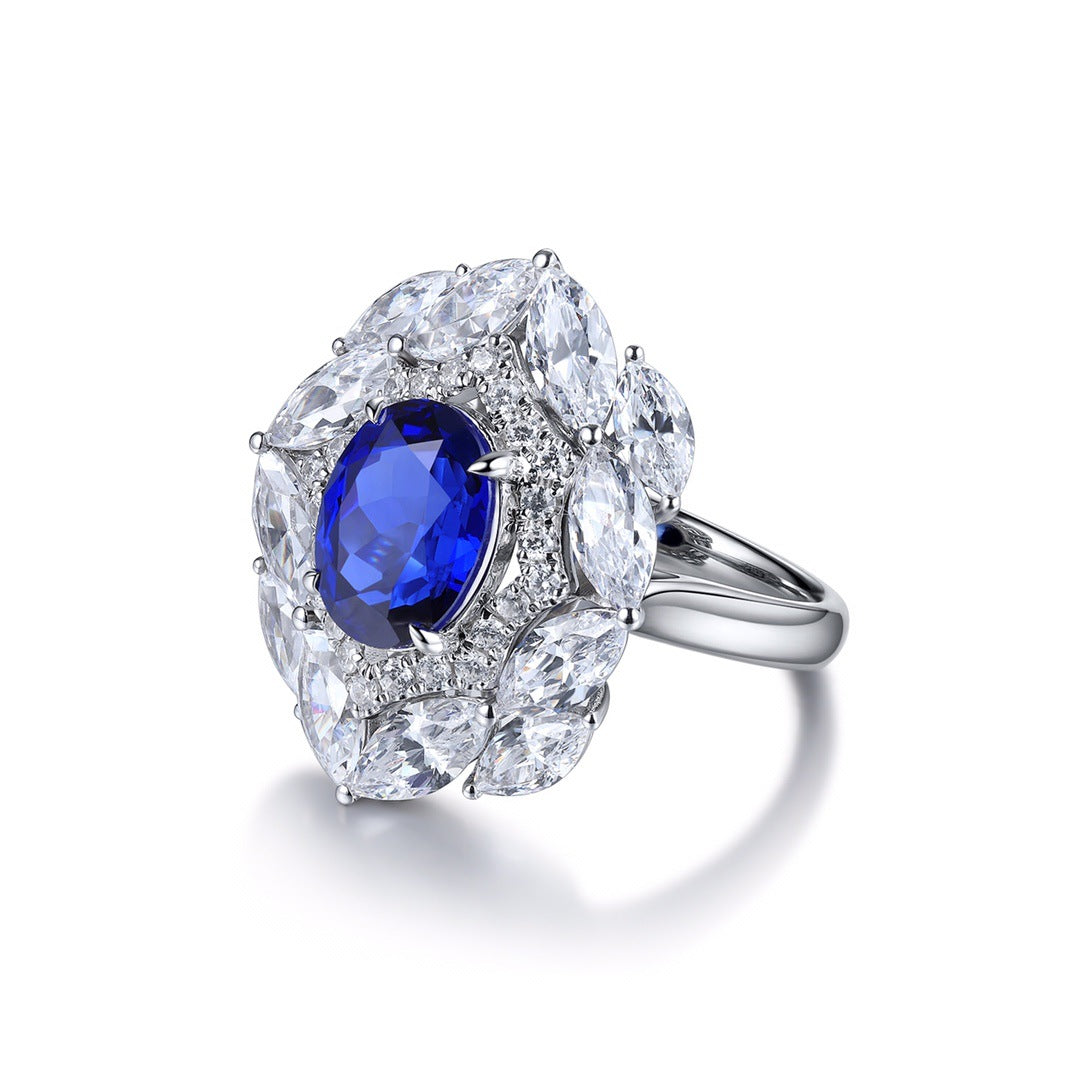 (Two Colours) Lab-Created Stone Oval Ice Cut Marquise Soleste Halo Silver Ring for Women
