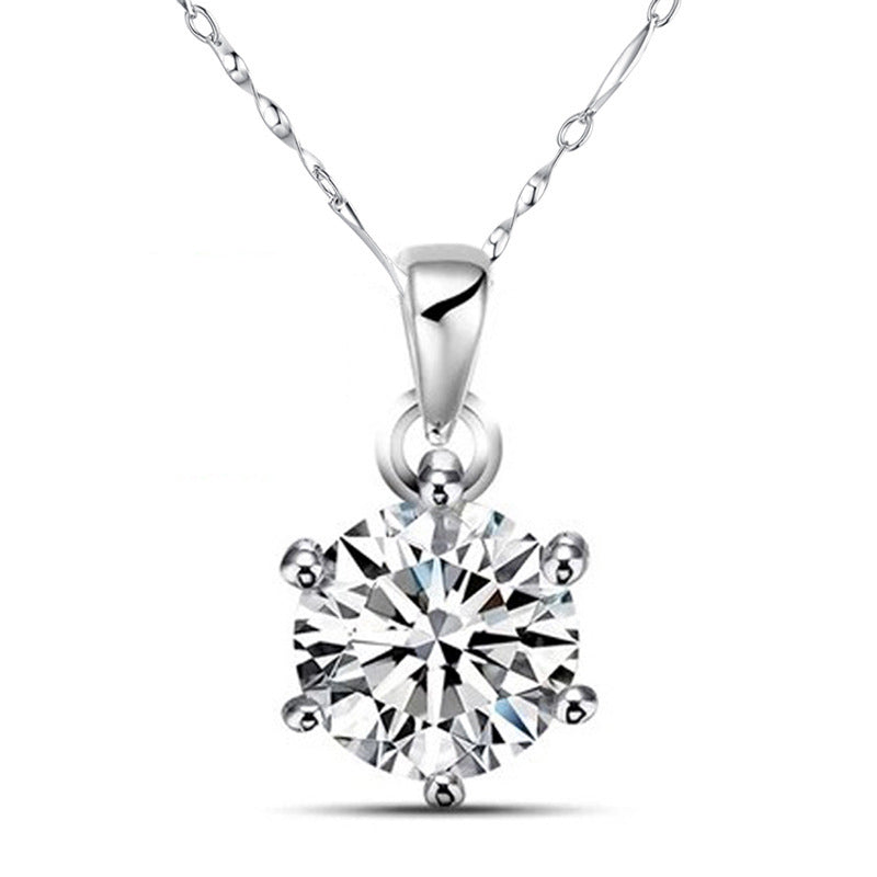 Six Prongs AAA Round Zircon Pendant Silver Necklace for Women