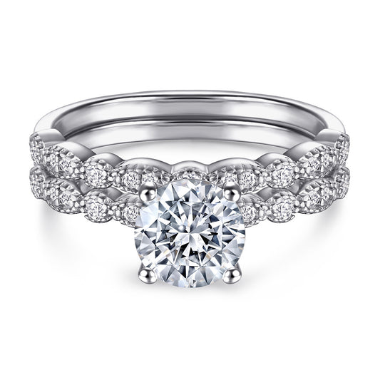 Four Prongs Round Zircon with Beading Silver Ring Set for Women