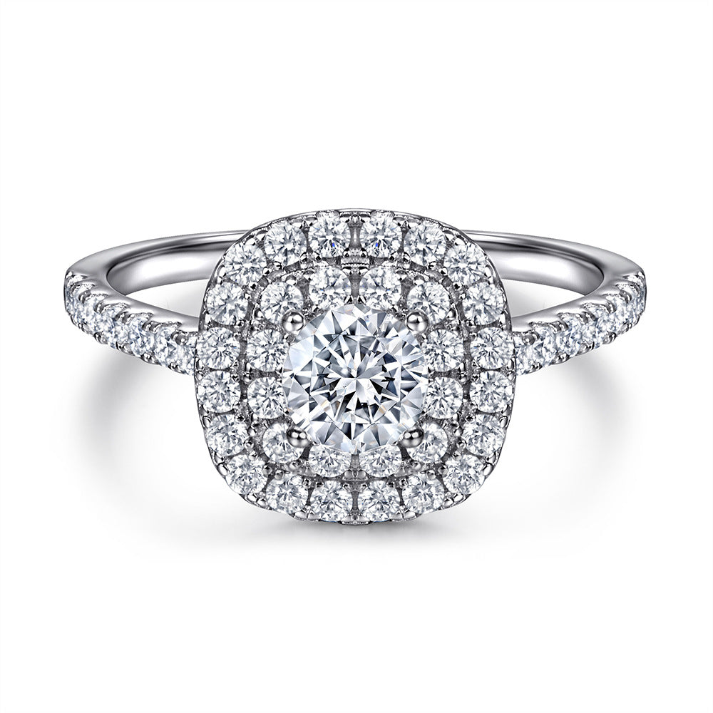 Round Zircon Double Square Soleste Halo with Half Eternity Silver Ring Set