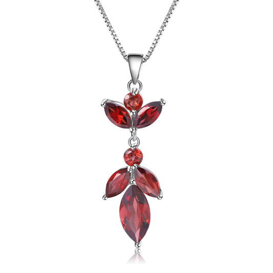 Natural Garnet Maple Leaf Shape Pendant Silver Necklace for Women