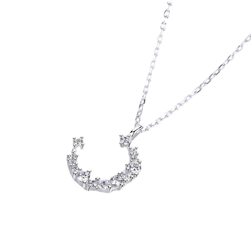 Irregular Full Zircon Moon Pendant Silver Necklace for Women