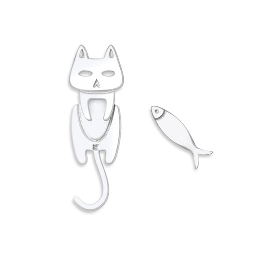 Cat and Fish Split Asymmetric Silver Stud Earrings for Women