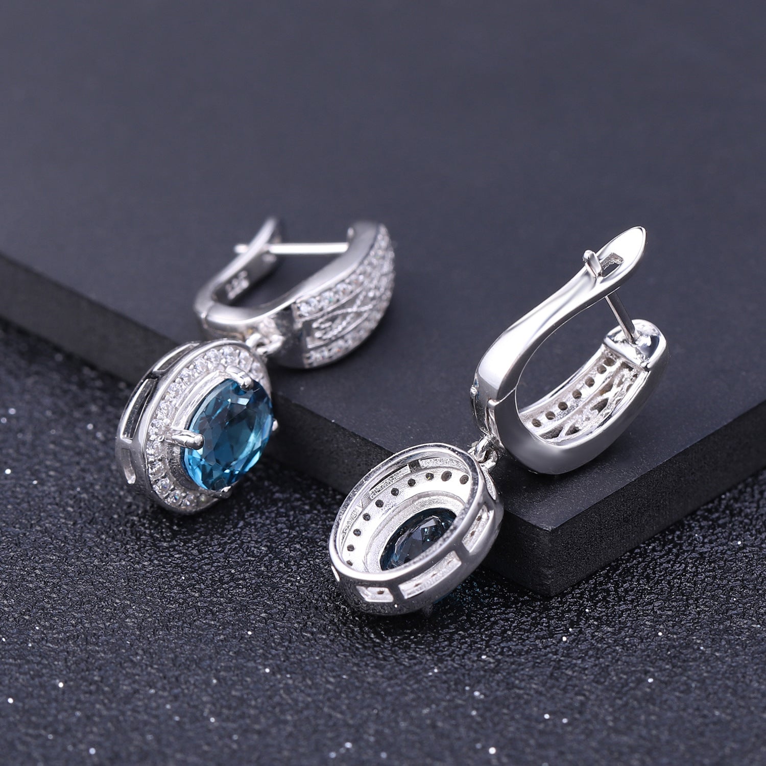 European Inlaid Natural Topaz Soleste Halo Oval Shape Silver Drop Earrings for Women