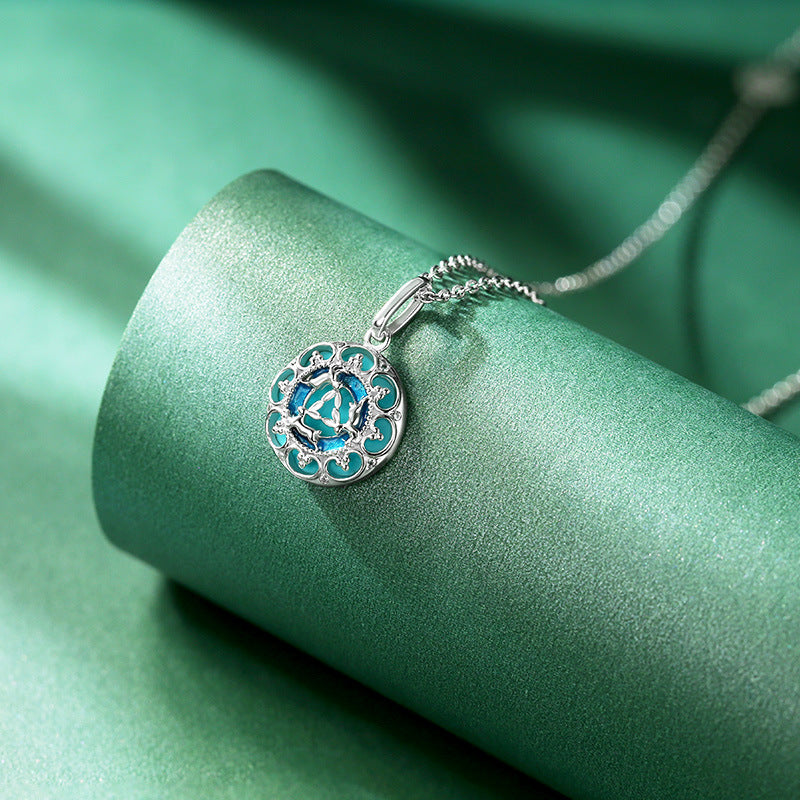 Lotus Pattern Series Green Turquoise Enamel Circle Pendant Silver Necklace for Women