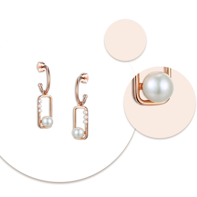 Hollow Rectangular with Pearl Silver Drop Earrings for Women