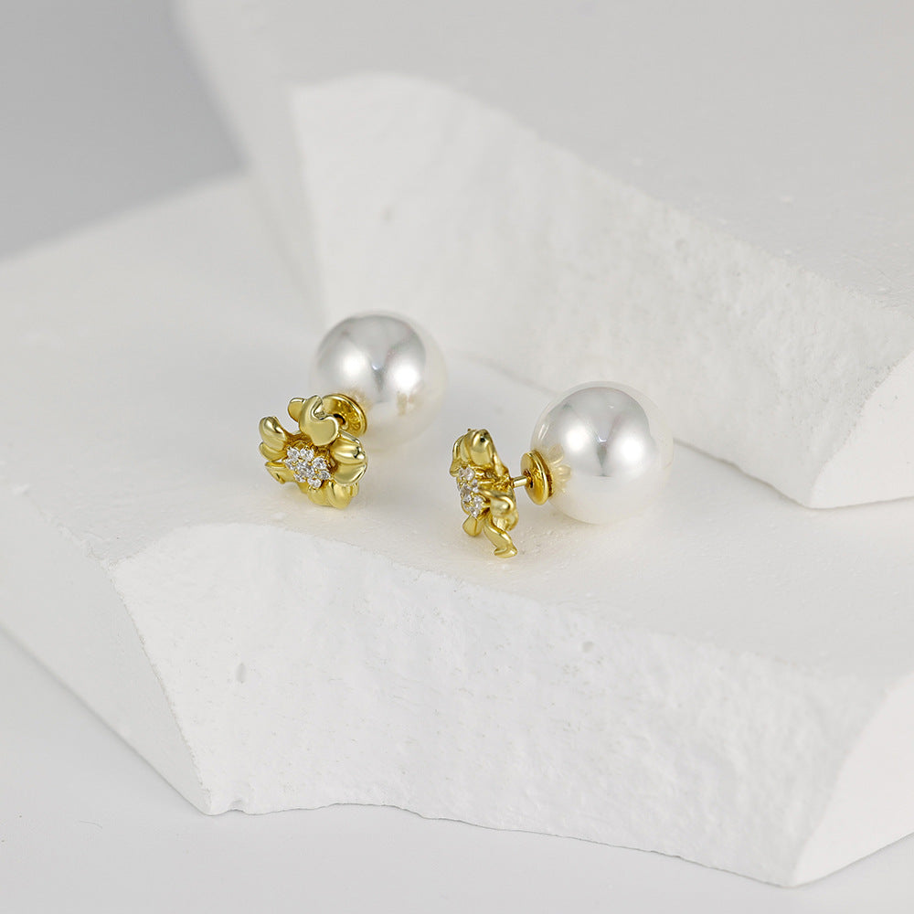 Flower with Zircon Round Pearl Silver Studs Earrings for Women
