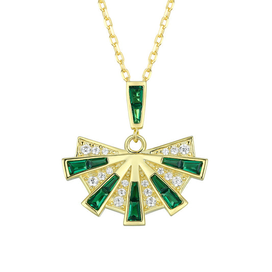 Green and White Zircon Fan Pendant Silver Necklace for Women