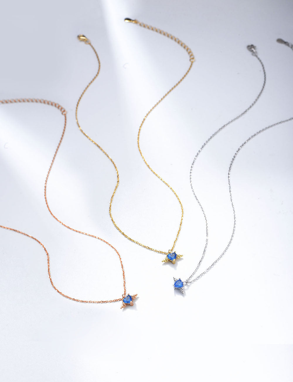 Blue Heart Zircon with Angel Wings Pendant Silver Necklace for Women