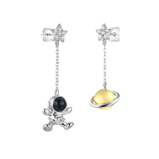 Astronaut and planet with zircon Stars asymmetric silver drop earrings for women