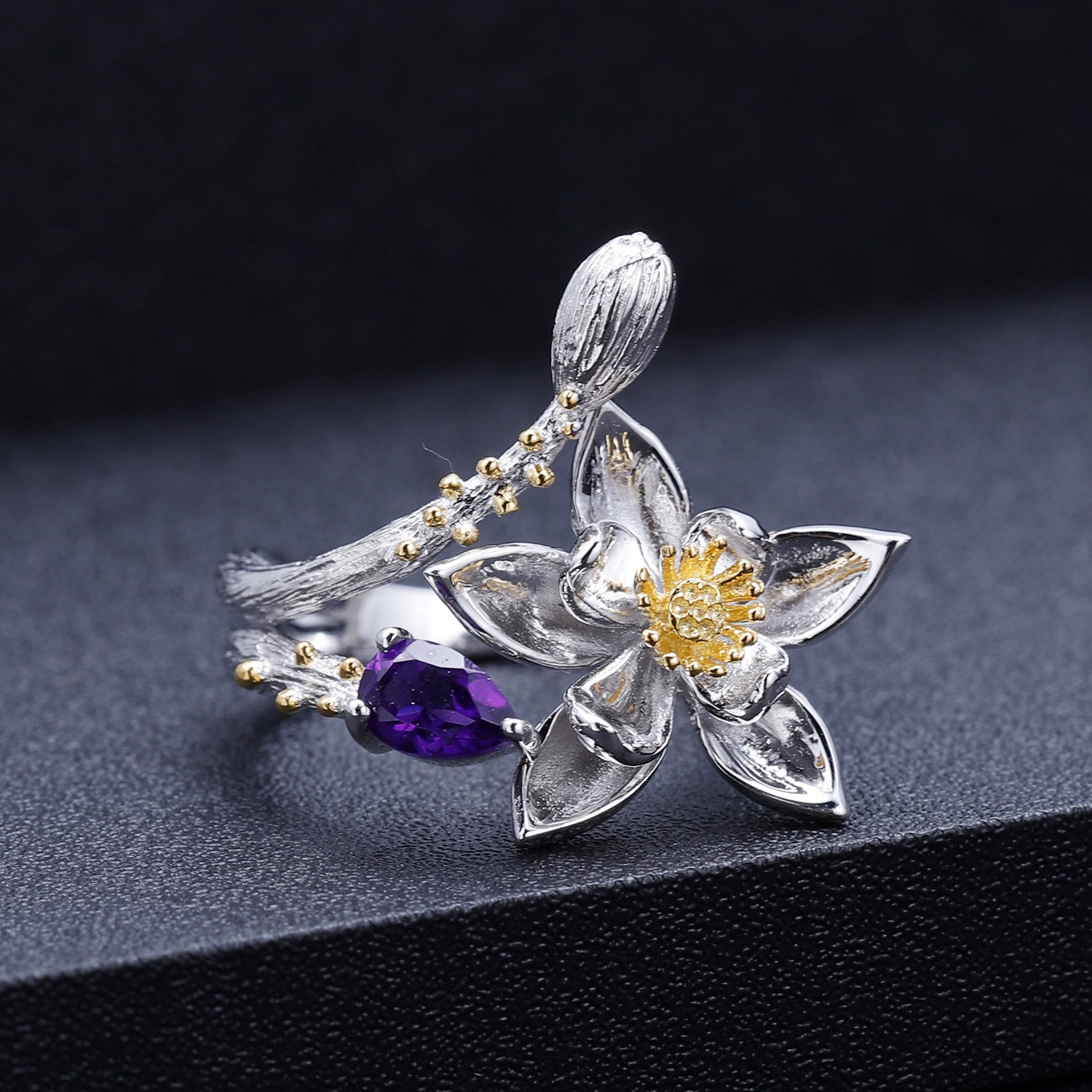 Floral Design with Natural Gem S925 Silver Ring for Women