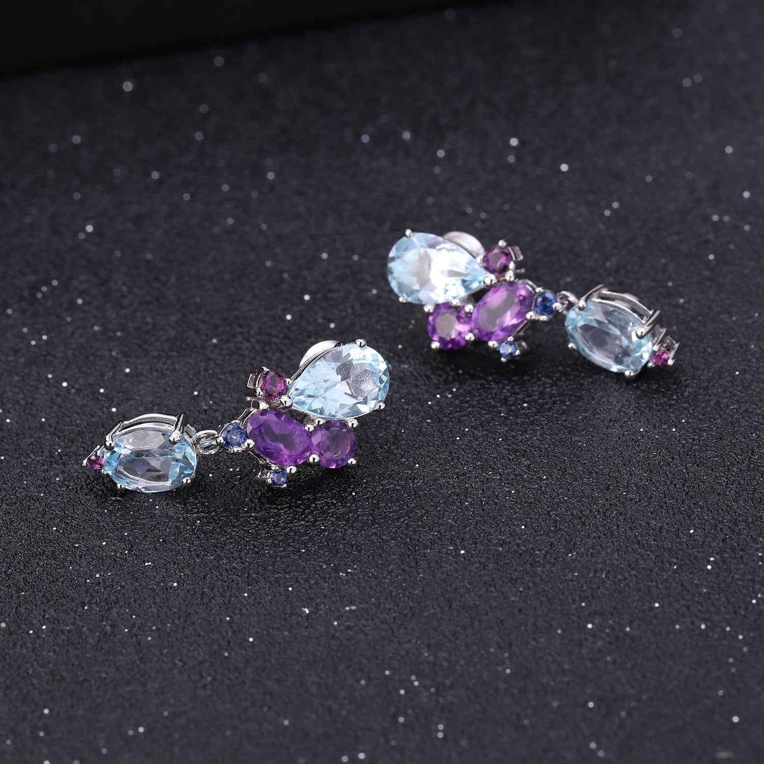 Luxury Design Inlaid Colourful Gemstones Creative Shape Silver Drop Earrings for Women