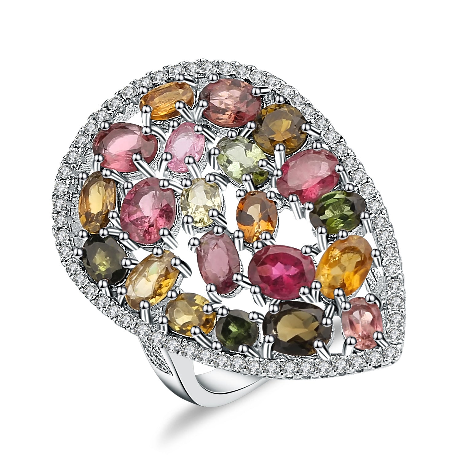 Vintage Luxury Natural Tourmaline Colourful Gemstone Silver Ring for Women