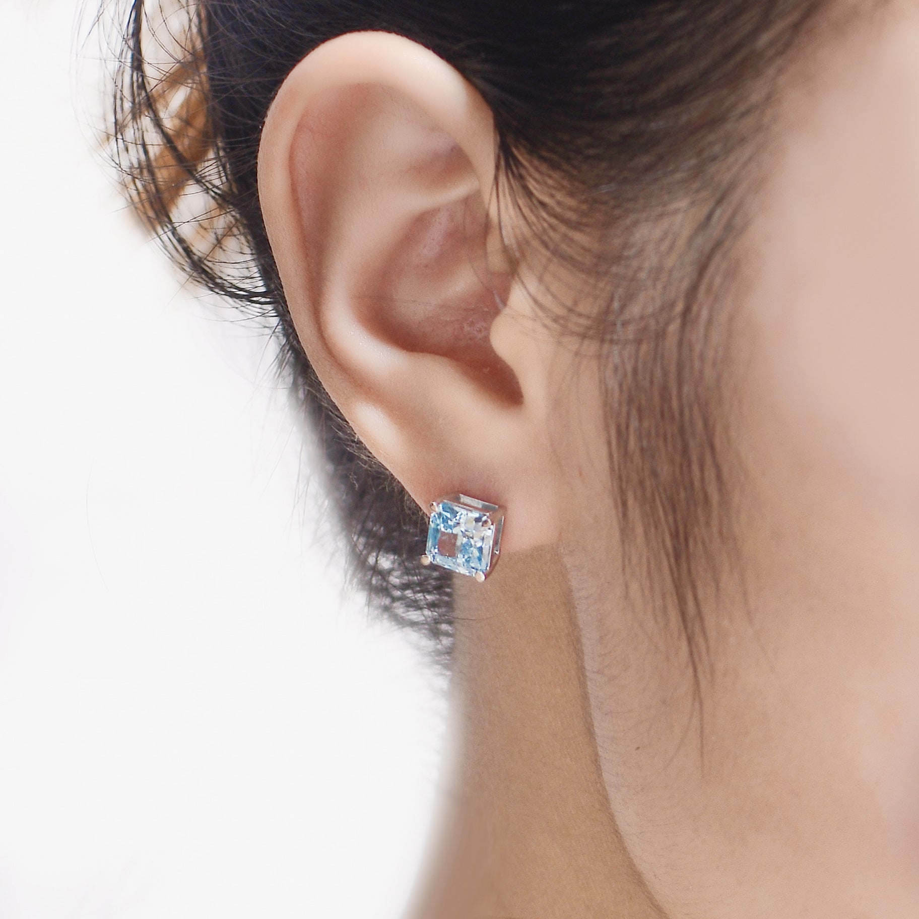 Blue Zircon 7*7mm Cushion Ice Cut Four Prongs Silver Studs Earrings for Women
