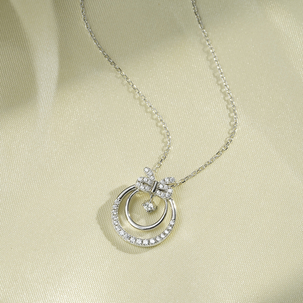 (Two Colours) White Zircon Circle Bowknot Pendants 925 Silver Collarbone Necklace for Women