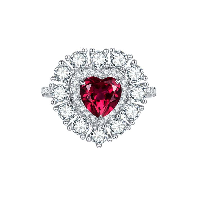 Lab-Created Ruby 7*7mm Heart Shape Soleste Halo Silver Ring for Women