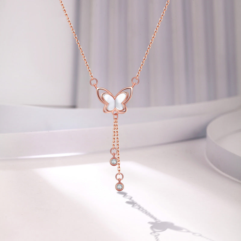 Mother-of-pearl Butterfly Tassel with Zircon Silver Necklace for Women