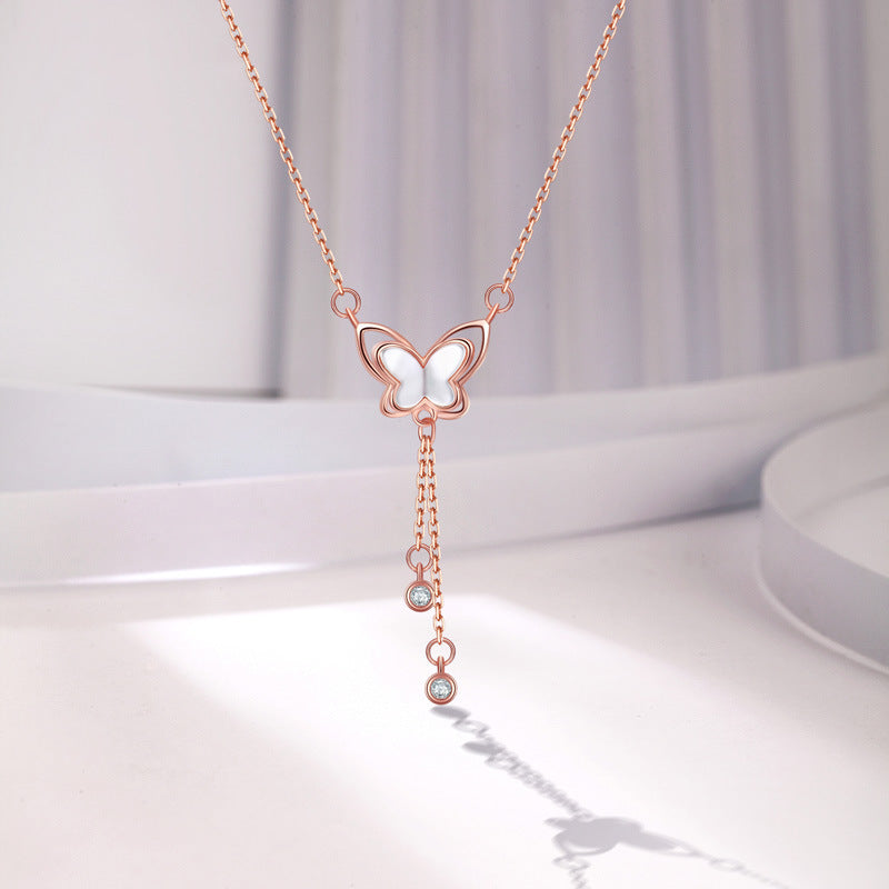 Mother-of-pearl Butterfly Tassel with Zircon Silver Necklace for Women