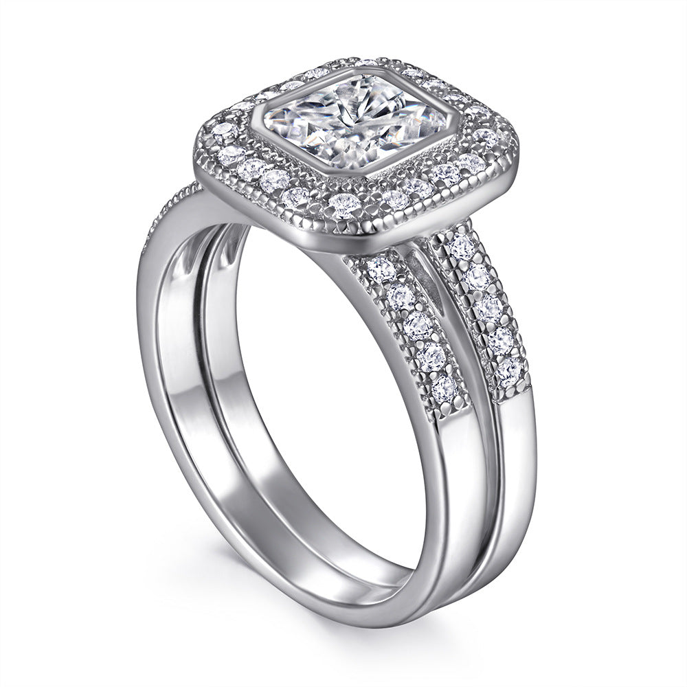 Princess Cut Zircon Soleste Halo with Half Eternity Silver Ring Set