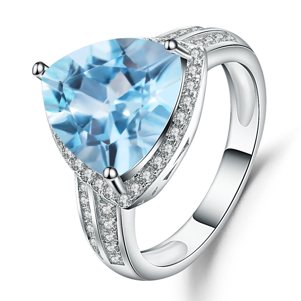 European Natural Topaz Luxury Trillion Soleste Halo Silver Ring for Women