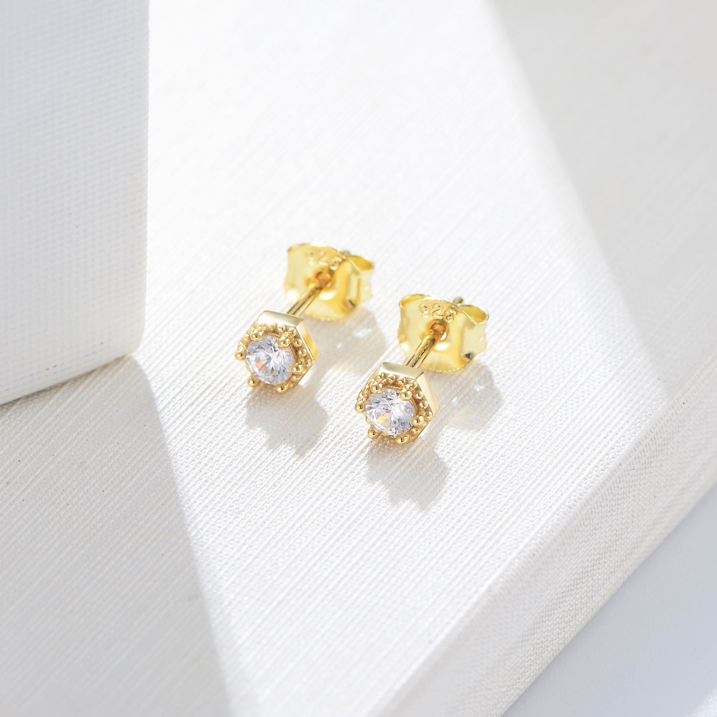 Hexagon with Round Zircon Silver Studs Earrings for Women