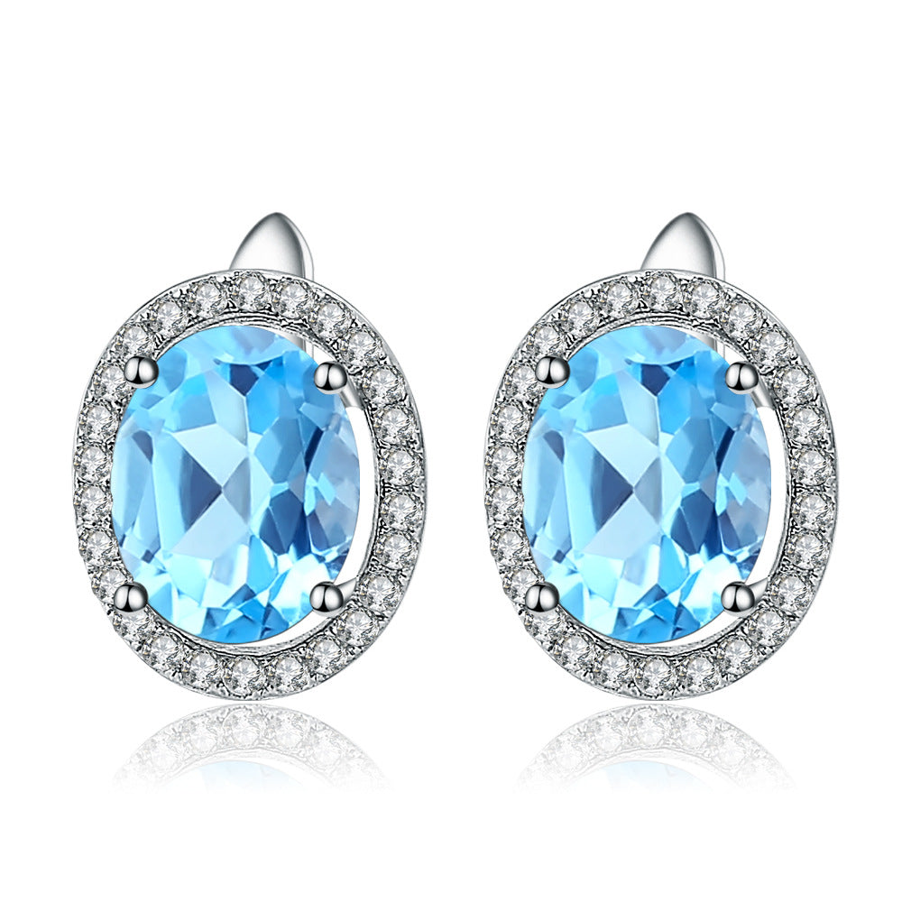 European Vintage Style Inlaid Natural Topaz Soleste Halo Oval Shape Silver Studs Earrings for Women