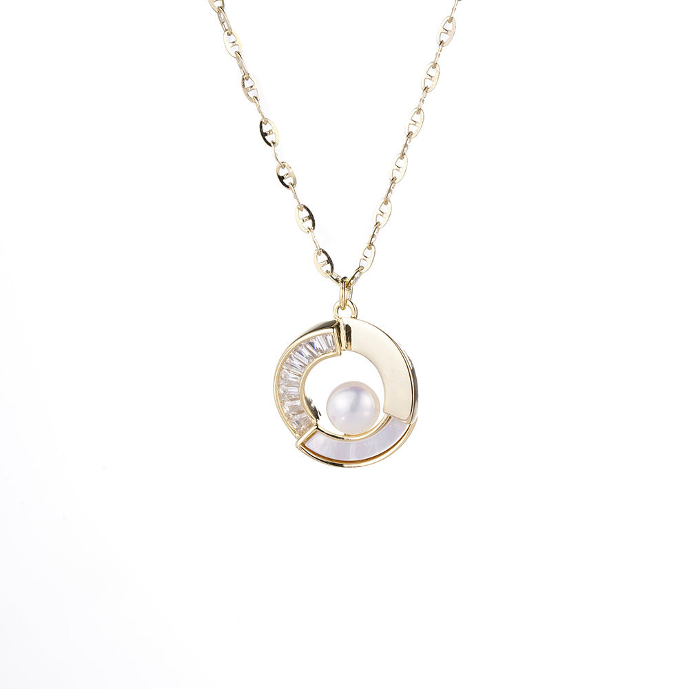 (Two Colours) White Zircon Circle Ring with Natural Pearl Pendants Silver Collarbone Necklace for Women