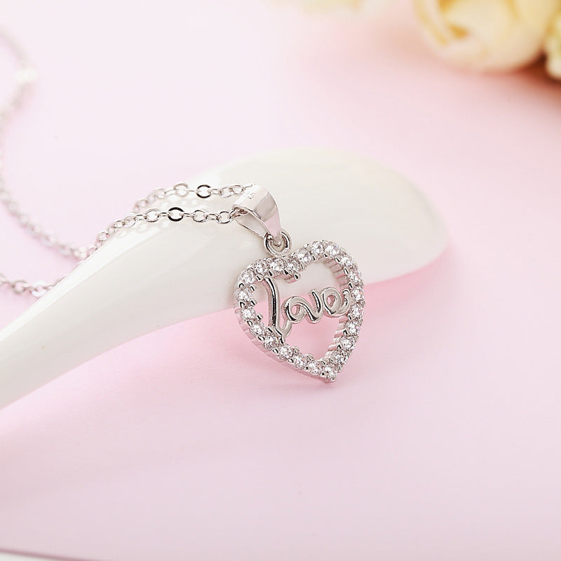 (Pendant Only) Valentine's Day Gift Zircon Heart with LOVE Letter Silver Pendant for Women