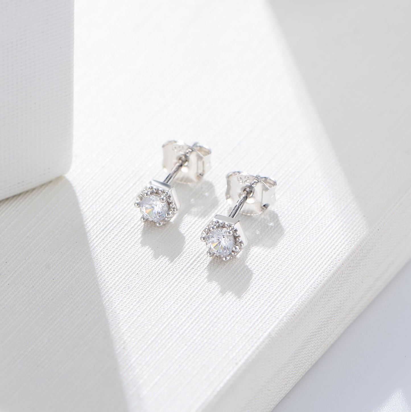Hexagon with Round Zircon Silver Studs Earrings for Women