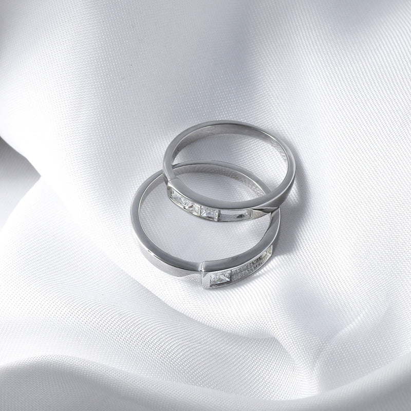 Hollow-out Rectangle with Square Zircon Silver Couple Ring for Women