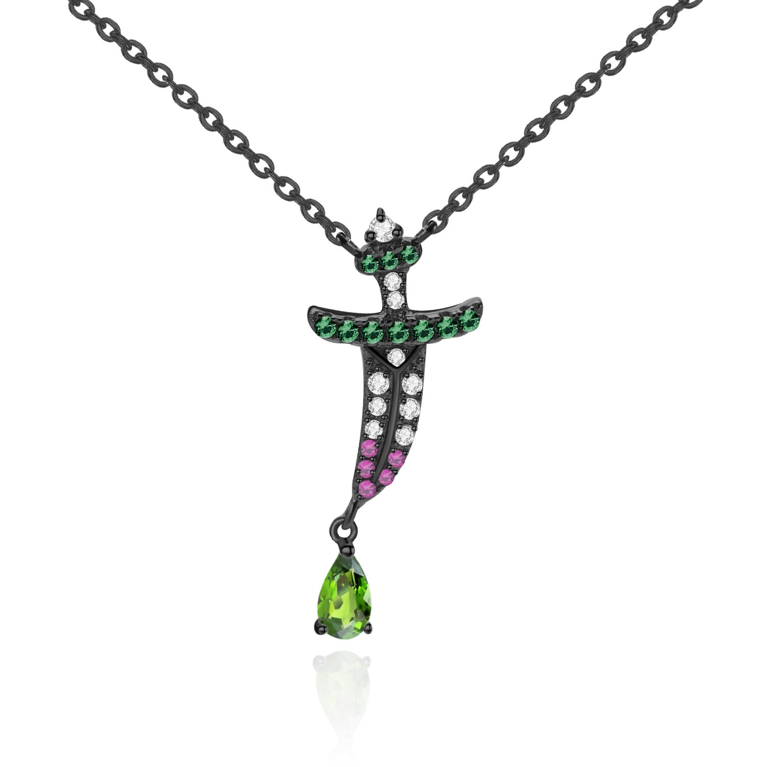 Dark Retro Element Style Inlaid Natural Colourful Gemstone Personality Pocket Knife Pendant Silver Necklace for Women