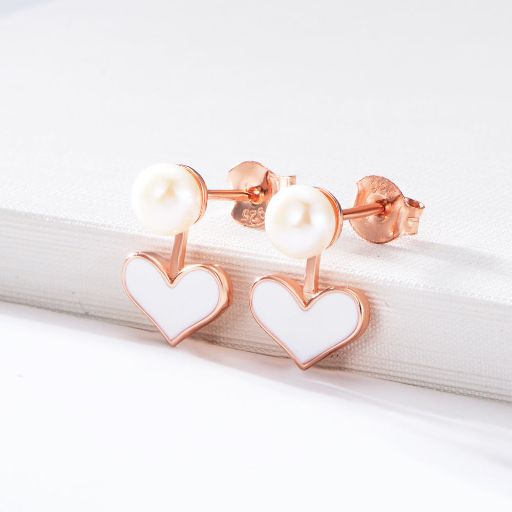 Colourful Heart with Pearl Sterling Silver Studs Earrings for Women