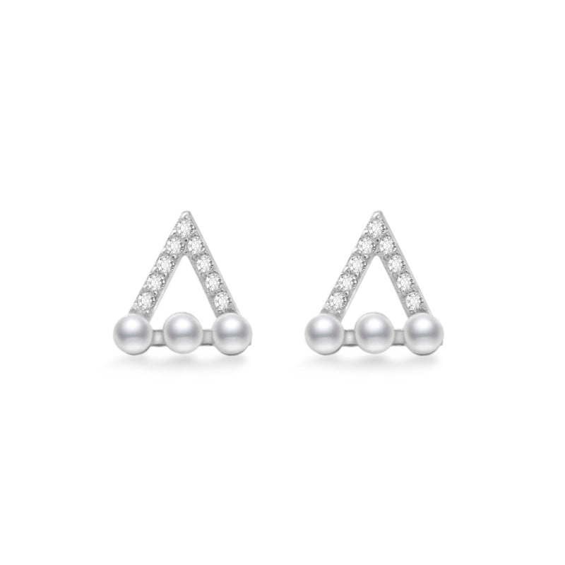 Hollow Zircon Triangle with Pearl Silver Stud Earrings for Women