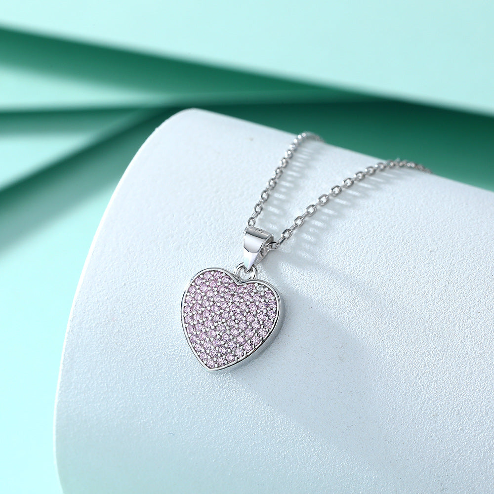 Full Pink Zircon Heart Pendant Silver Necklace for Women