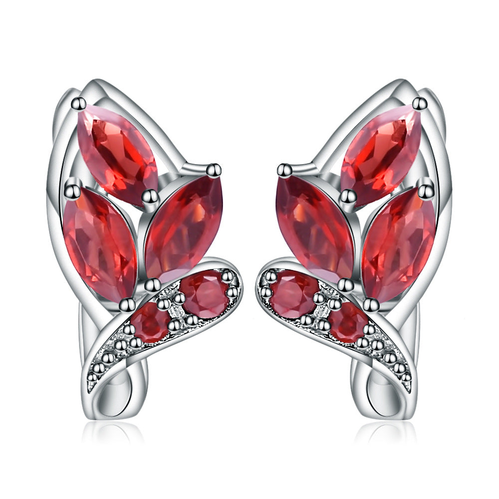 Natural Garnet Creative Flower Design Silver Studs Earrings for Women