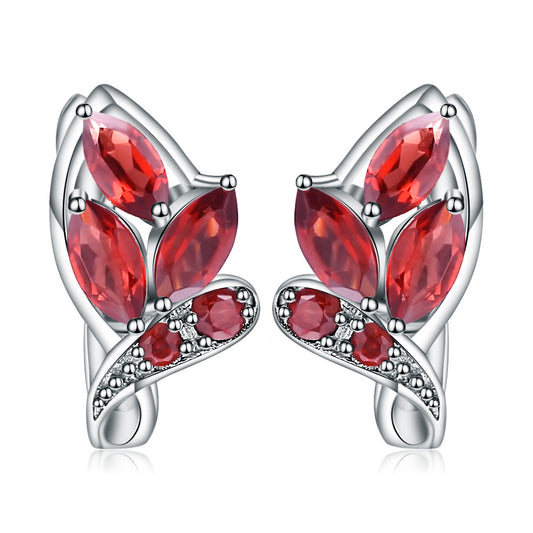 Natural Garnet Creative Flower Design Silver Studs Earrings for Women