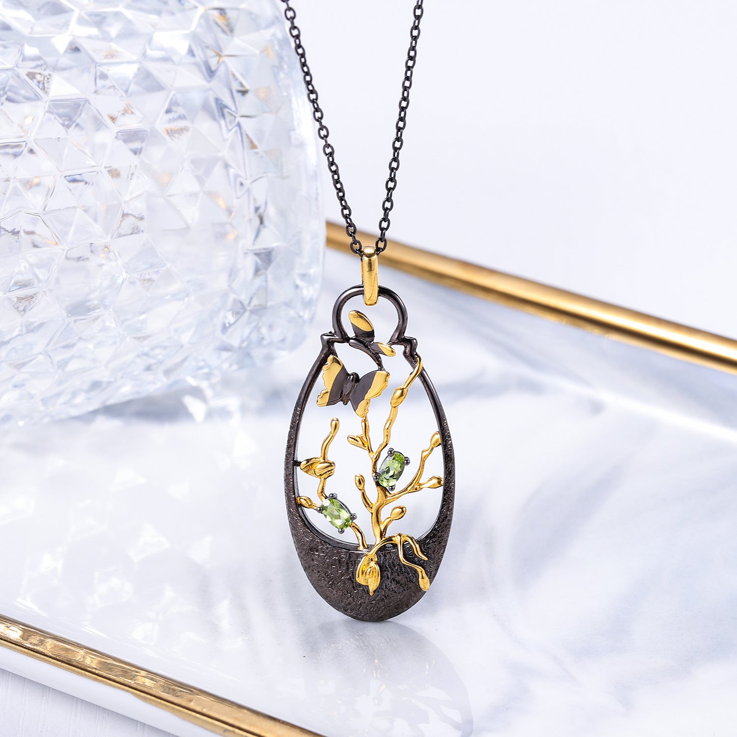 Natural Olivine Butterfly In Garden Pendant Silver Necklace for Women