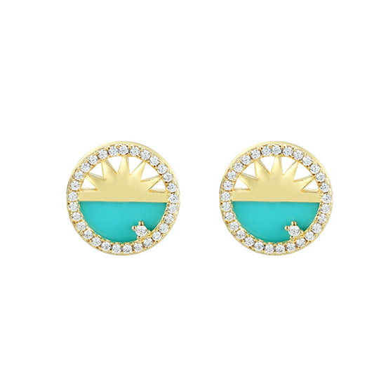 Natural Turquoise with Zircon Sunrise Circle Silver Studs Earrings for Women