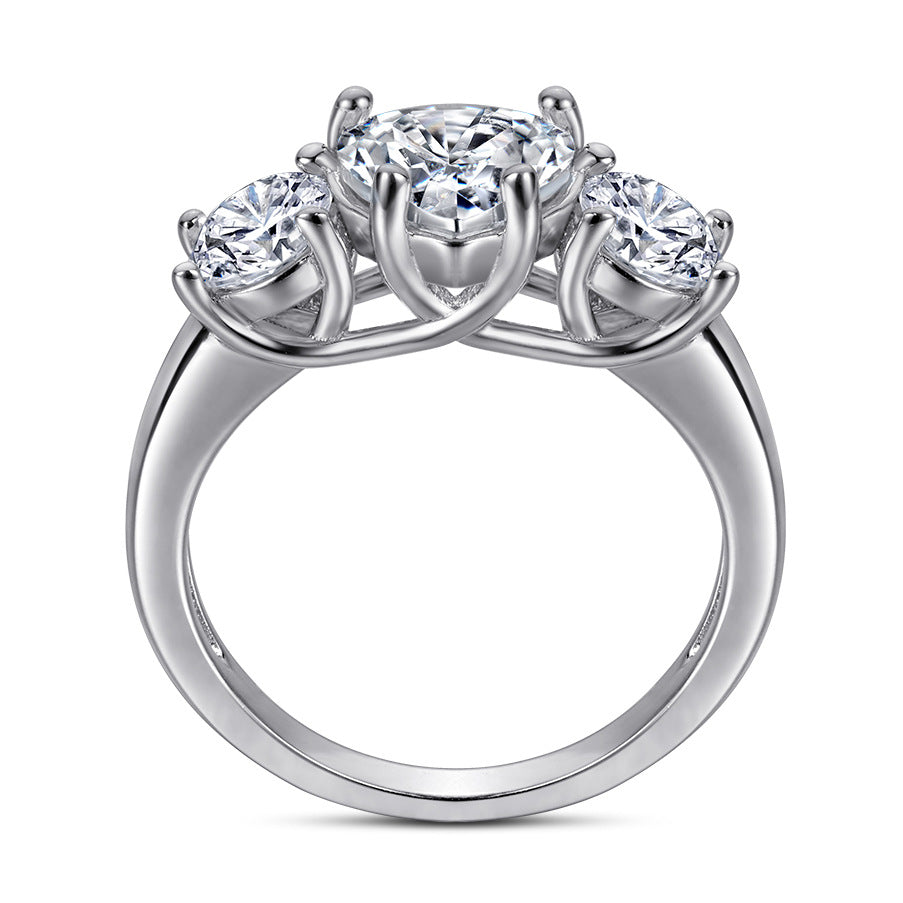 Heart and Round Zircon Threestone Silver Ring for Women