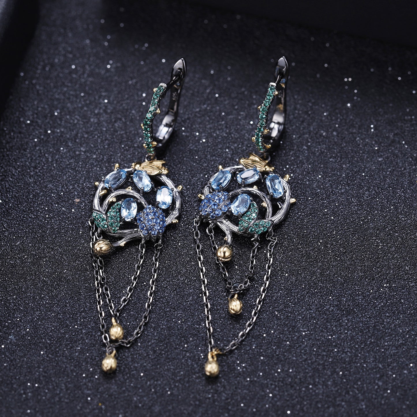 Colourful Gemstones Creative Tassel Silver Drop Earrings for Women