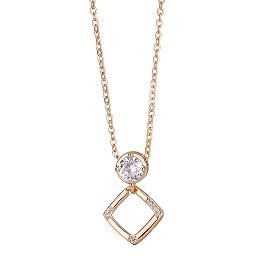 Hollow Square with Round Zircon Pendant Silver Necklace for Women