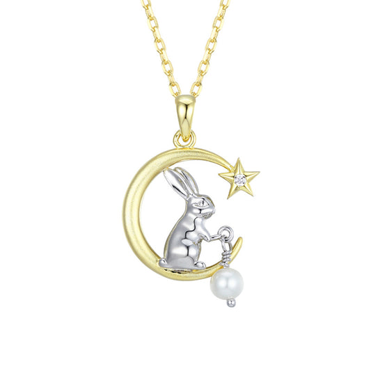 Moon Star Bunny with Freshwater Pearl Pendant Silver Necklace for Women