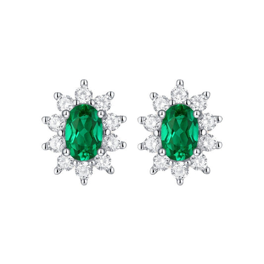 (1.0CT) Lab-Created Emerald 4*6mm Oval Ice Cut Annular Petals Silver Studs Earrings for Women