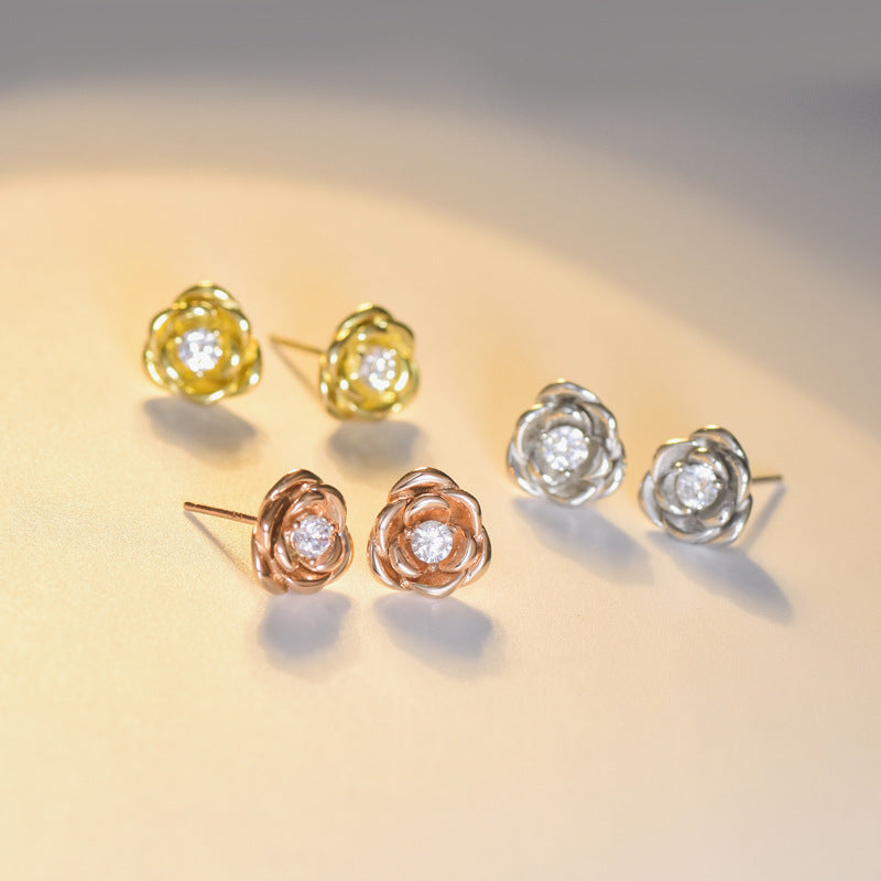 Three Prongs Round Zircon Rose Silver Stud Earrings for Women