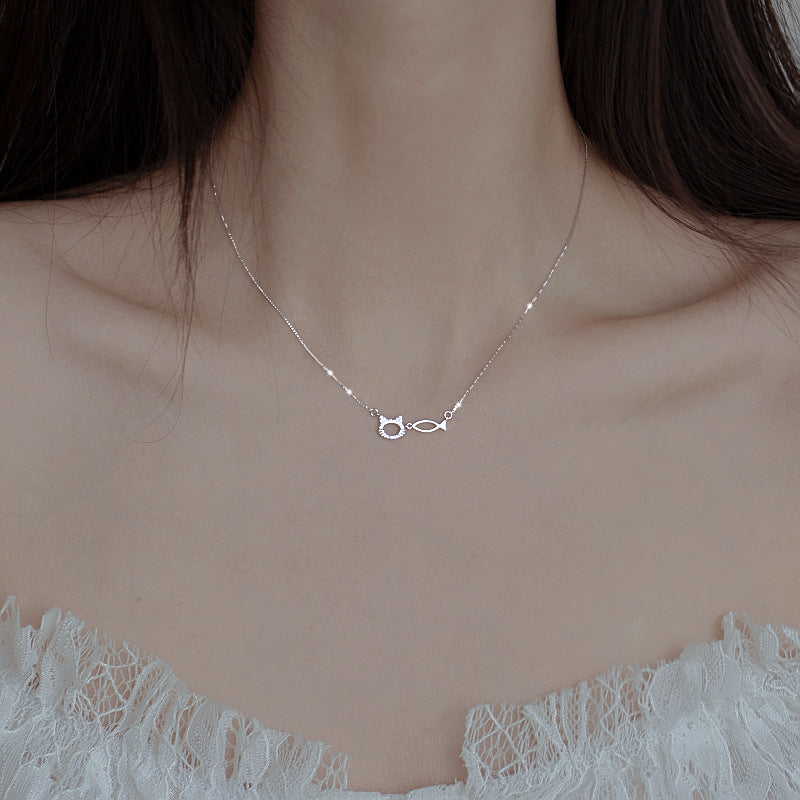 Zircon Cat and Fish Silver Necklace for Women
