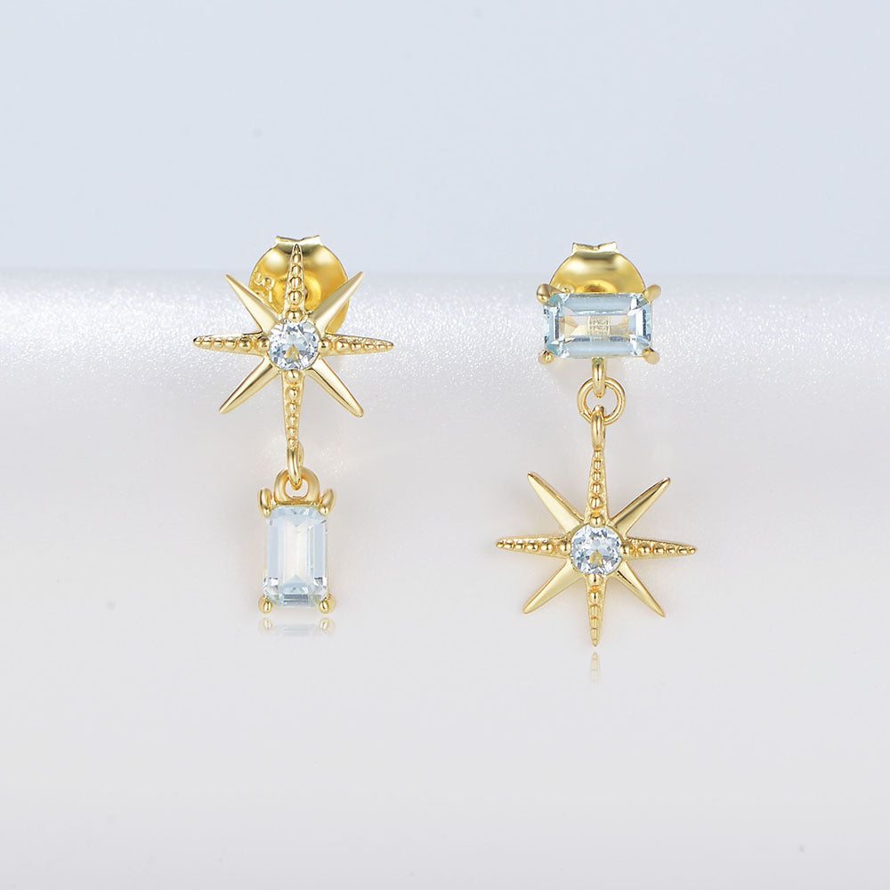 Asymmetric Six-pointed Star with Sky Blue Zircon Silver Drop Earrings for Women
