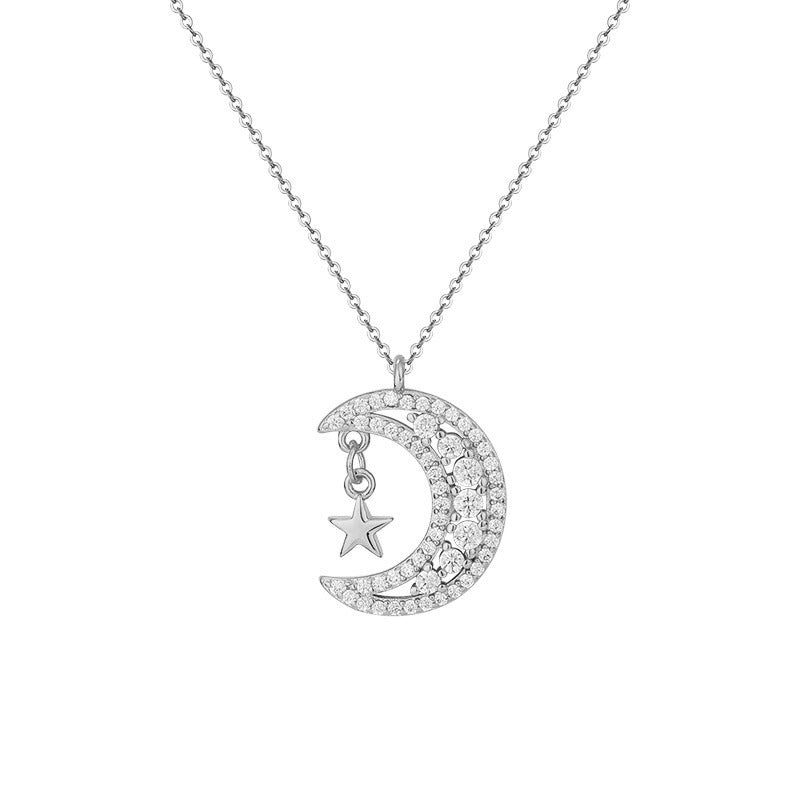 Moon Star with Zircon Pendant Silver Necklace for Women