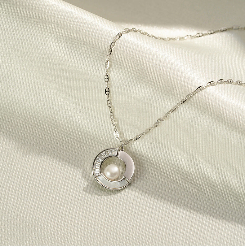 (Two Colours) White Zircon Circle Ring with Natural Pearl Pendants Silver Collarbone Necklace for Women