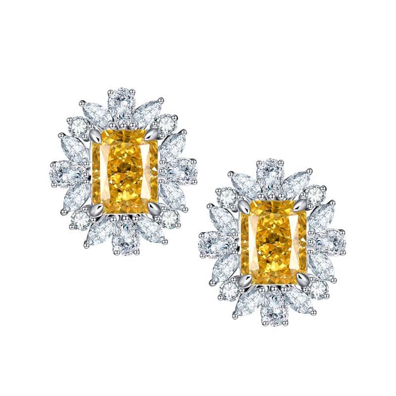 Yellow Zircon 7*9mm Rectangle Ice Cut Luxurious Silver Studs Earrings for Women